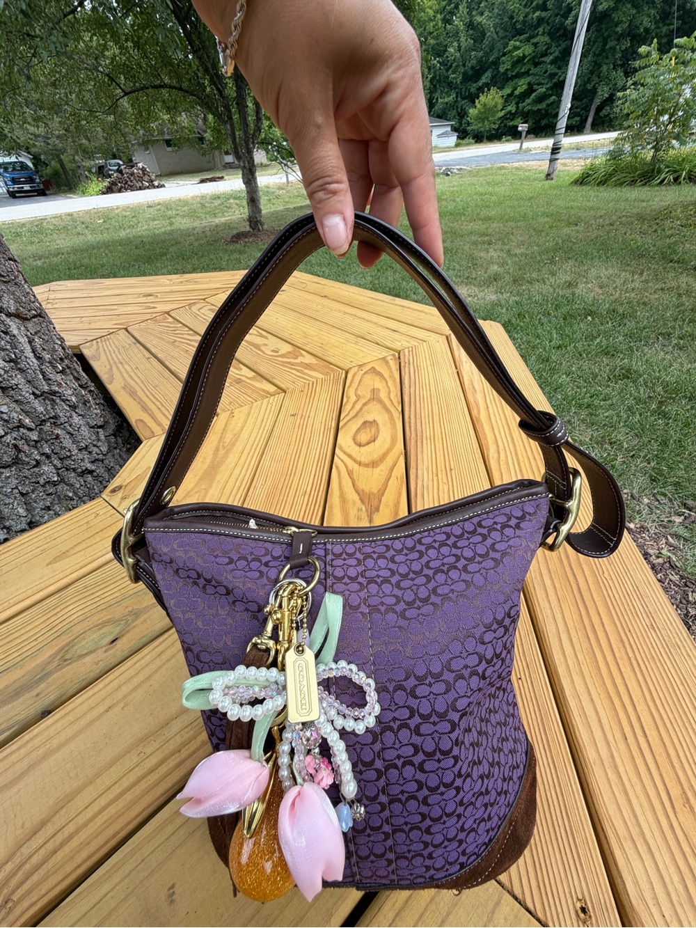 Coach Purple Signature Canvas Shoulder Bag with Charm